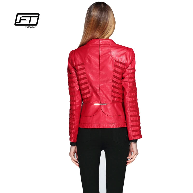 Fitaylor New Spring Autumn Women Faux Leather Jacket Pu Black Wine Red Zippers Long Sleeve 4XL Motorcycle Biker Coat