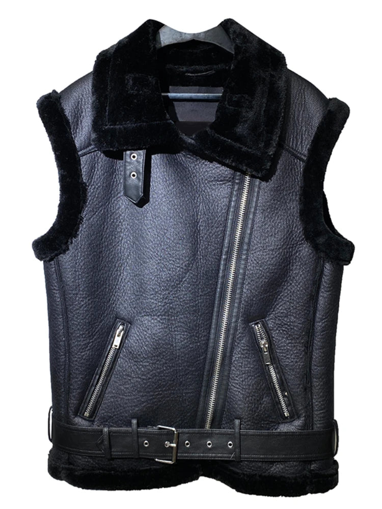 Fitaylor New Autumn Winter Moto Biker Loose Sleeveless Jacket Women Streetwear Lapel Thick Warm Faux Leather Fur Vest with Belt