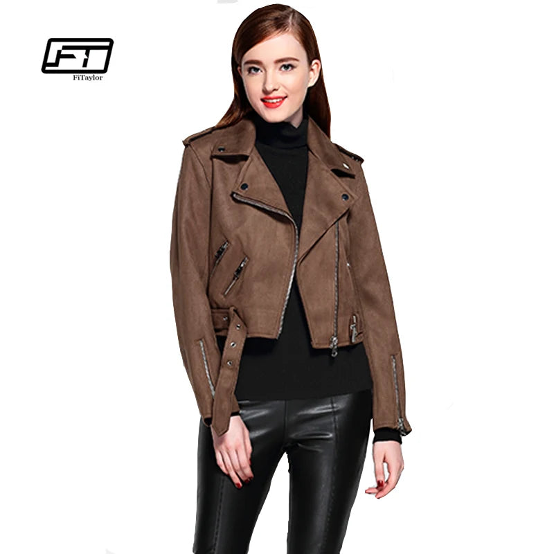Fitaylor Women Faux Suede Jacket Slim Punk Leather Jacket Woman Bikers Pink Leather Jacket Moto Jacket Autumn Outwear