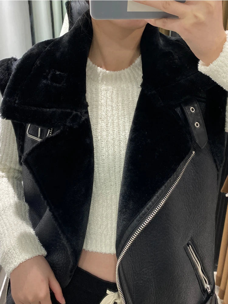 Fitaylor New Autumn Winter Moto Biker Loose Sleeveless Jacket Women Streetwear Lapel Thick Warm Faux Leather Fur Vest with Belt