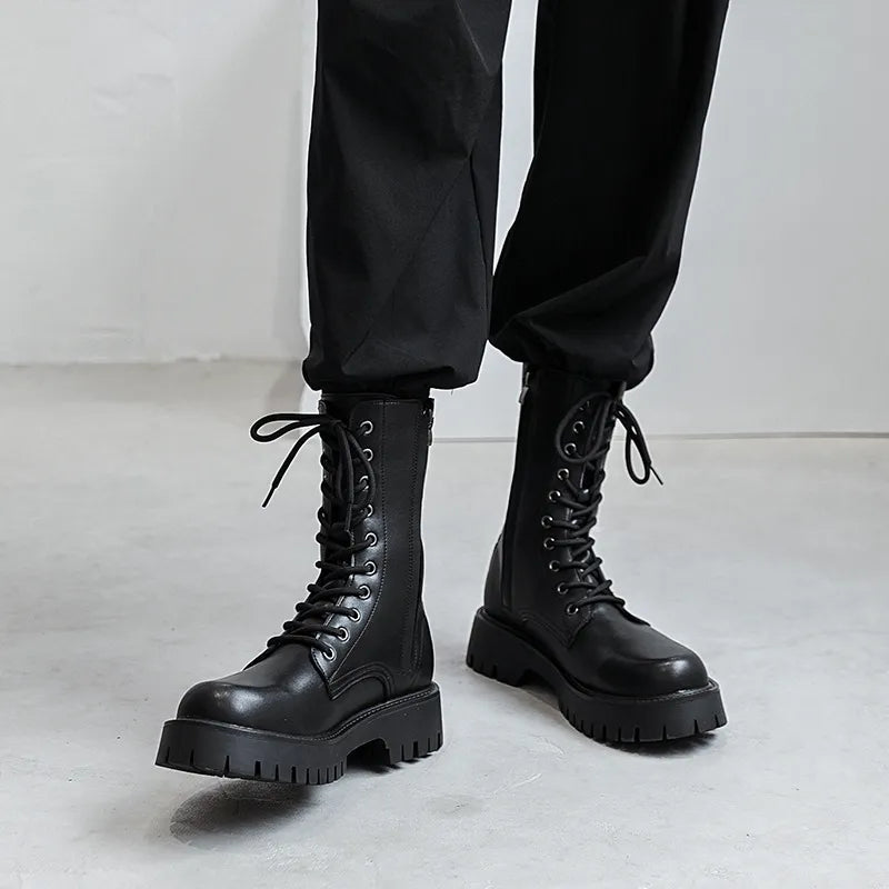 mens fashion motorcycle boots party nightclub dress black genuine leather shoes high top cowboy boot handsome long botas zapatos