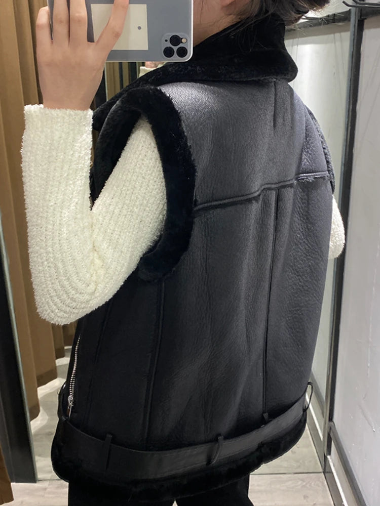 Fitaylor New Autumn Winter Moto Biker Loose Sleeveless Jacket Women Streetwear Lapel Thick Warm Faux Leather Fur Vest with Belt