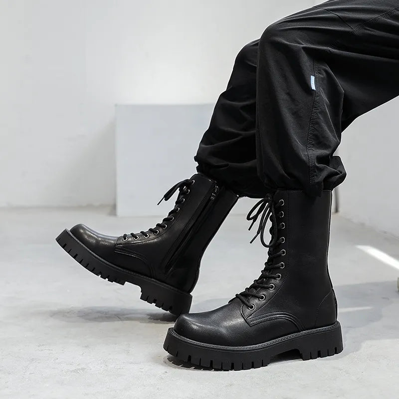 mens fashion motorcycle boots party nightclub dress black genuine leather shoes high top cowboy boot handsome long botas zapatos