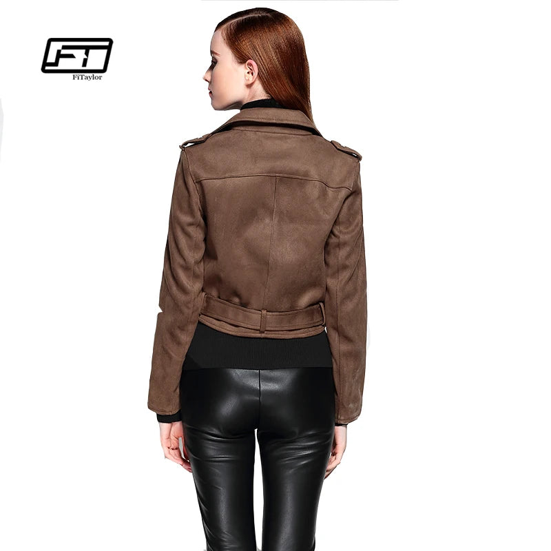 Fitaylor Women Faux Suede Jacket Slim Punk Leather Jacket Woman Bikers Pink Leather Jacket Moto Jacket Autumn Outwear