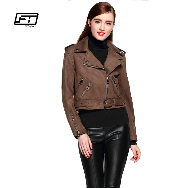 Fitaylor Women Faux Suede Jacket Slim Punk Leather Jacket Woman Bikers Pink Leather Jacket Moto Jacket Autumn Outwear