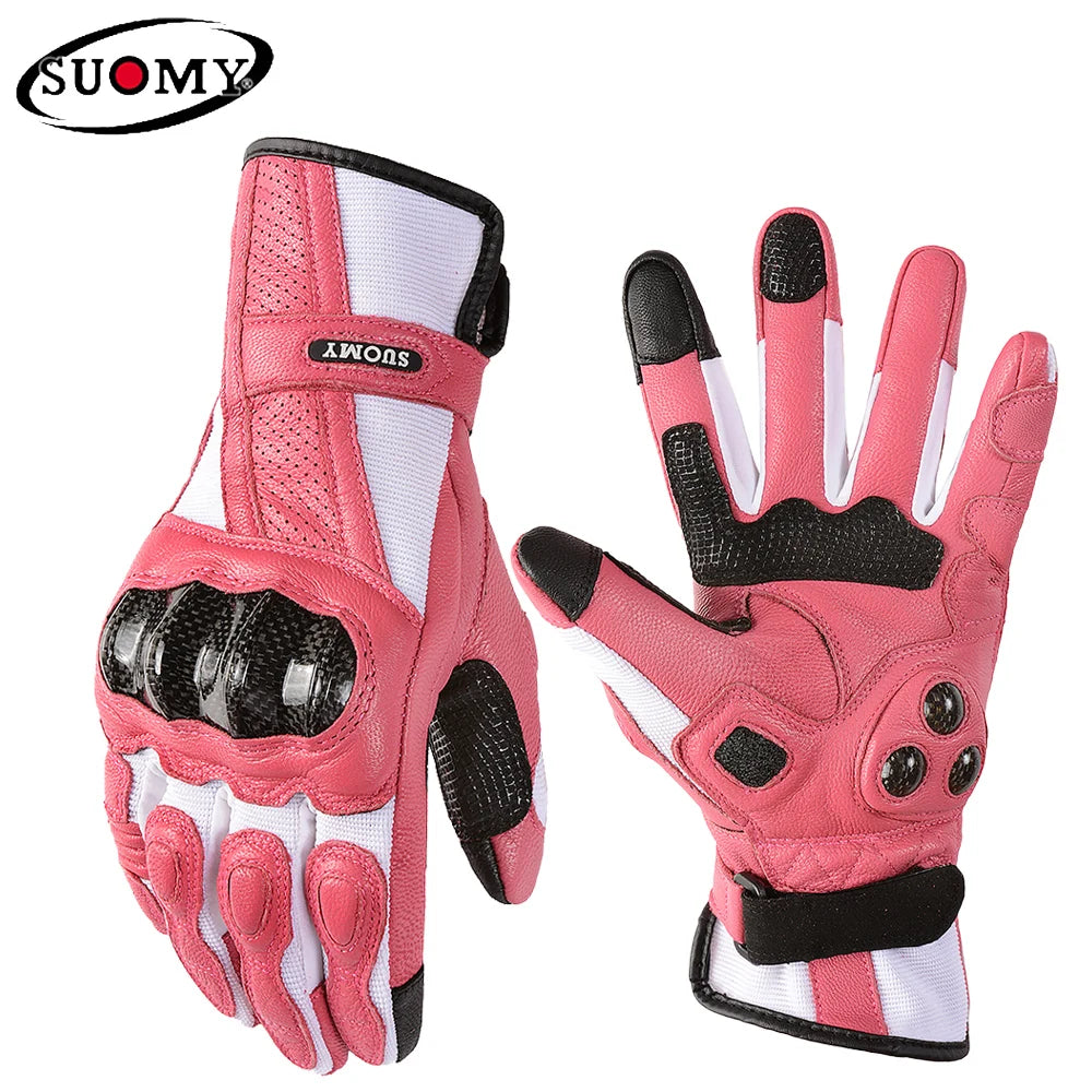 Suomy Summer Biker Glove Women Pink Motorcyclist Gloves Leather  Full Finger Carbon Fiber Protection for Motorcycle Motocross