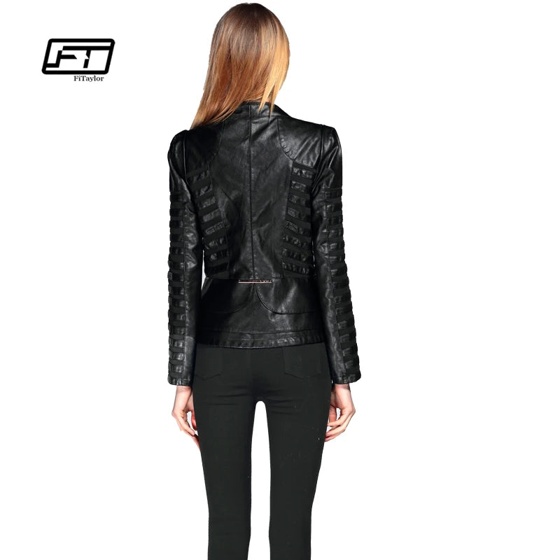 Fitaylor New Spring Autumn Women Faux Leather Jacket Pu Black Wine Red Zippers Long Sleeve  4XL Motorcycle Biker Coat