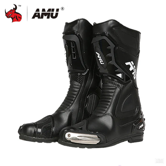 AMU Leather Motocross Boots Motorcycle Boots  Men Waterproof Moto Boots Motorbike Riding Boots Black Botas Moto Motorcycle Shoe