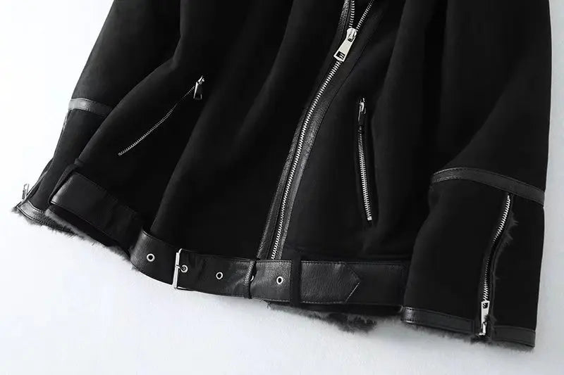 Fitaylor Winter Women New Jacket Faux Leather Fur Splicing Leather Coat Moto Bike Thickness Overcoat Snow Warm Outwear with Belt