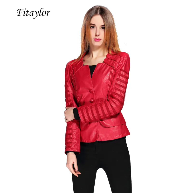 Fitaylor New Spring Autumn Women Faux Leather Jacket Pu Black Wine Red Zippers Long Sleeve  4XL Motorcycle Biker Coat