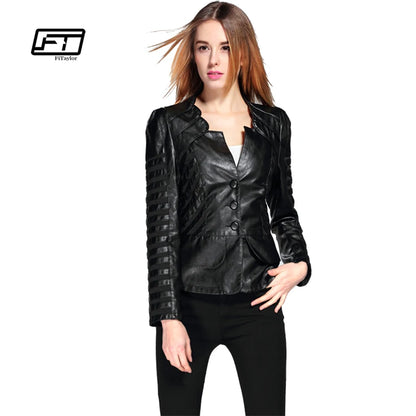 Fitaylor New Spring Autumn Women Faux Leather Jacket Pu Black Wine Red Zippers Long Sleeve  4XL Motorcycle Biker Coat