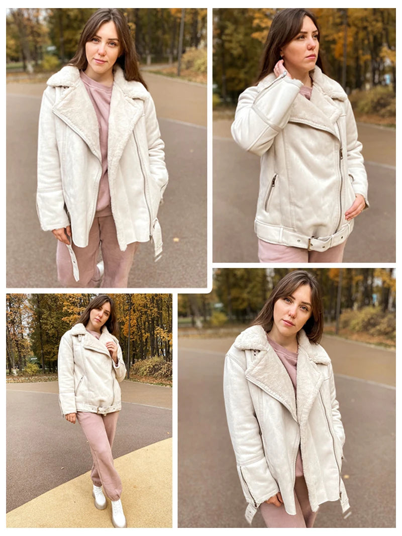 Fitaylor Winter Women New Jacket Faux Leather Fur Splicing Leather Coat Moto Bike Thickness Overcoat Snow Warm Outwear with Belt