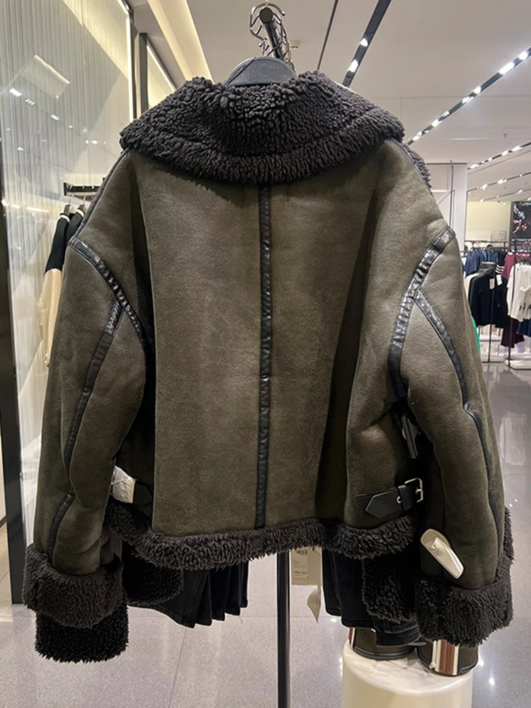 Fitaylor New Winter Motorcycle Pu Jacket Women High Street Lapel Zipper Faux Lamb Leather Coat Lady Thick Warm Short Outwear