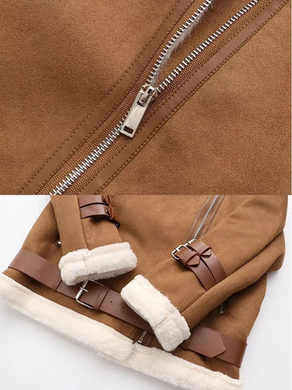 Fitaylor Autumn Winter Women Faux Lamb Wool Leather Jacket Casual Lady Sash Tie Up Snow Outwear Female Loose Motorcycle Coat