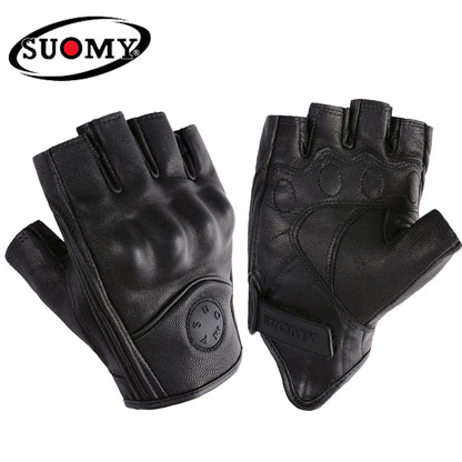 Summer Half Finger Motorcycle Gloves Retro Black Leather Perforated Motorbike Motocross Fingerless Gloves Men Women Riding Glove