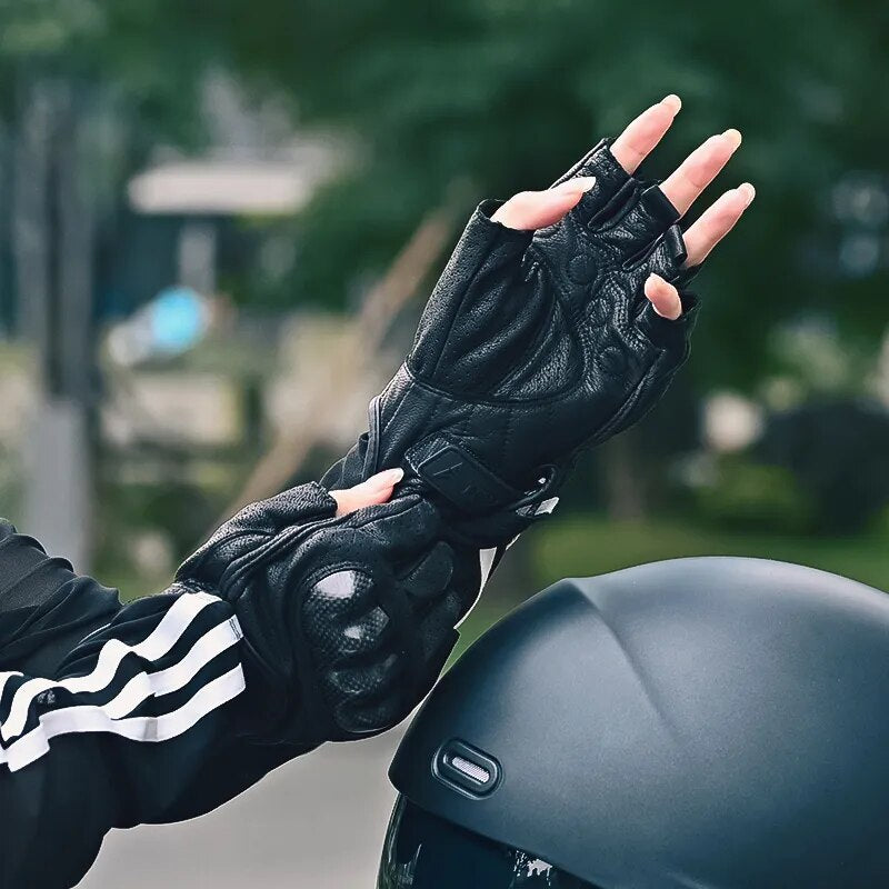 HVA Summer Motorcycle Fingerless Gloves Accessories Goatskin Leather Half Finger Gloves Motocross Gant Moto Guantes Moto Verano