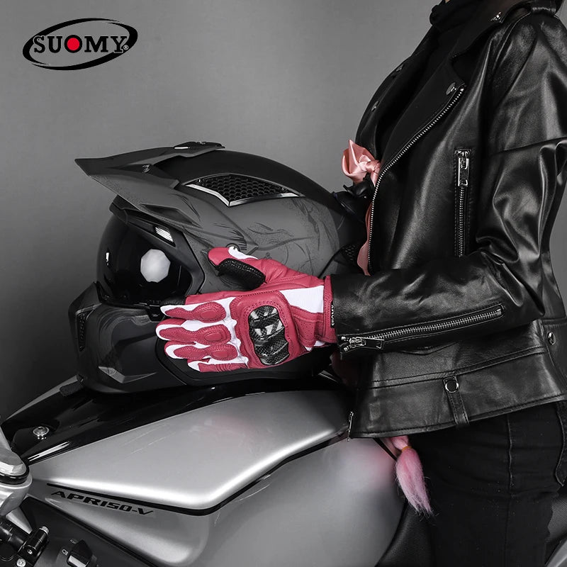 SUOMY Women Men's Gloves Motorcycle Goat Leather Gloves Vintage Full Finger Motocross Gloves Motorcyclist Pink Cycling XS-XXL