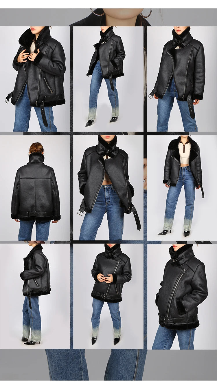 Fitaylor New Winter Streetwear Faux Lamb Leather Jacket Women Fashion Lapel Zipper Thickness Sheepskin Moto Biker Coat with Belt