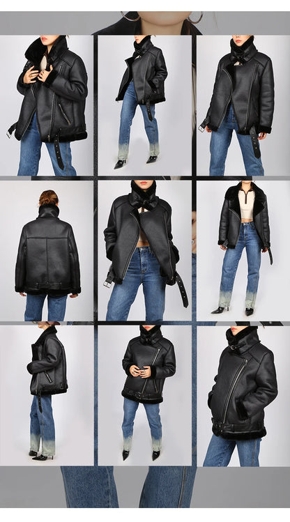 Fitaylor New Winter Streetwear Faux Lamb Leather Jacket Women Fashion Lapel Zipper Thickness Sheepskin Moto Biker Coat with Belt