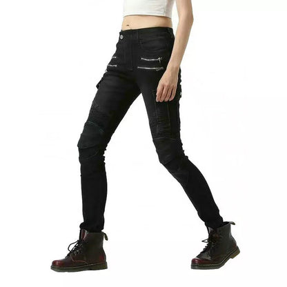 Loong Biker Female Motorcycle Riding Trousers Knight Daily Casual Jeans For Women Fashion Little Slim Protective Pants Black