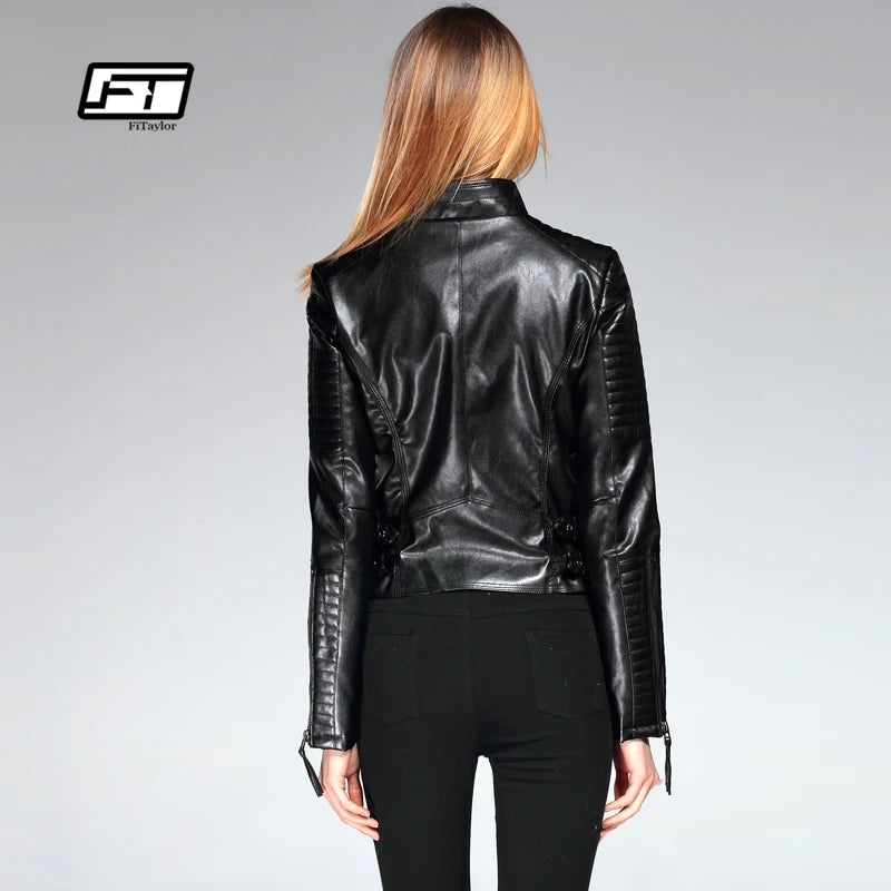 Fitaylor New 2022 Women PU Leather Short Jacket Slim Fashion Punk Outwear Long Sleeve Motorcycle Black Jacket Spring Outwear