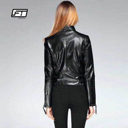 Fitaylor New 2022 Women PU Leather Short Jacket Slim Fashion Punk Outwear Long Sleeve Motorcycle Black Jacket Spring Outwear