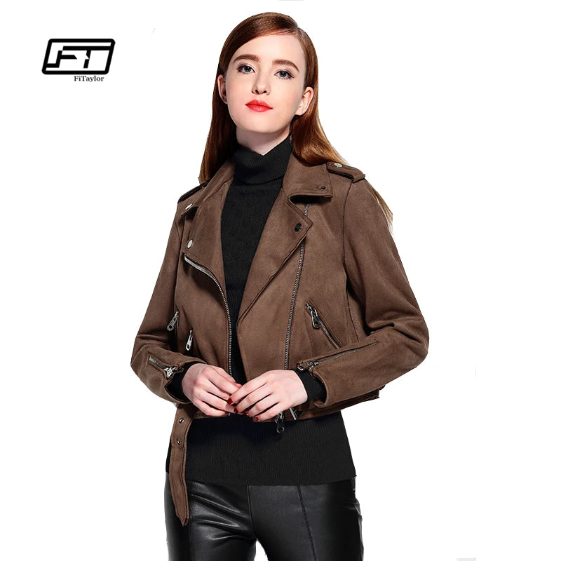 Fitaylor Women Faux Suede Jacket Slim Punk Leather Jacket Woman Bikers Pink Leather Jacket  Moto Jacket Autumn Outwear