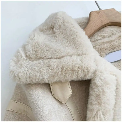 Fitaylor New Winter Moto Biker Loose Faux Suede Leather Soft Fur Jacket with Belt Women Streetwear Lapel Thick Warm Coat Outwear