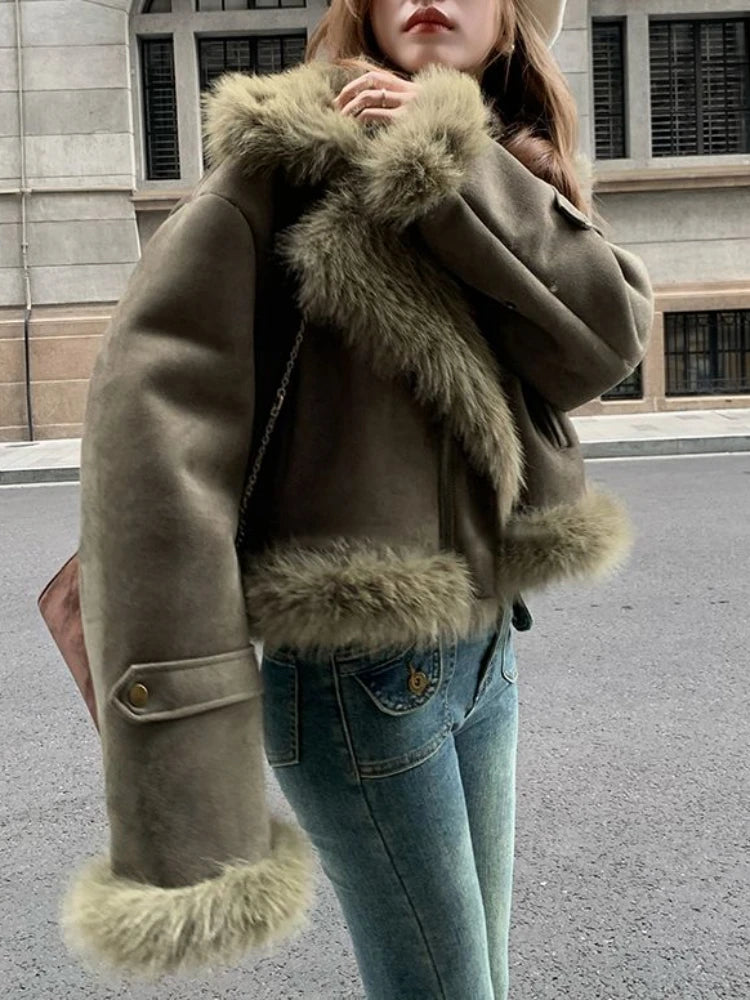 Fitaylor Winter Women Faux Fur Patchwork Suede Leather Jacket High Street Motorcycle Outwear Casual Lapel Thick Warm Coat