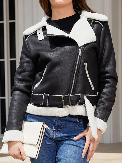 Fitaylor New Autumn Winter Faux Shearling Sheepskin Motorcycle Coat Women Streetwear Thick Warm Suede Lamb Jacket with Belt