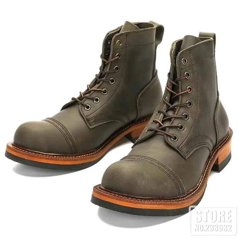 Men's Motorcycle Boots Leisure Shoes Tooling Boots Vintage Ankle High Male Retro Casual Cowhide Leather Workwear Boots EU 39-44