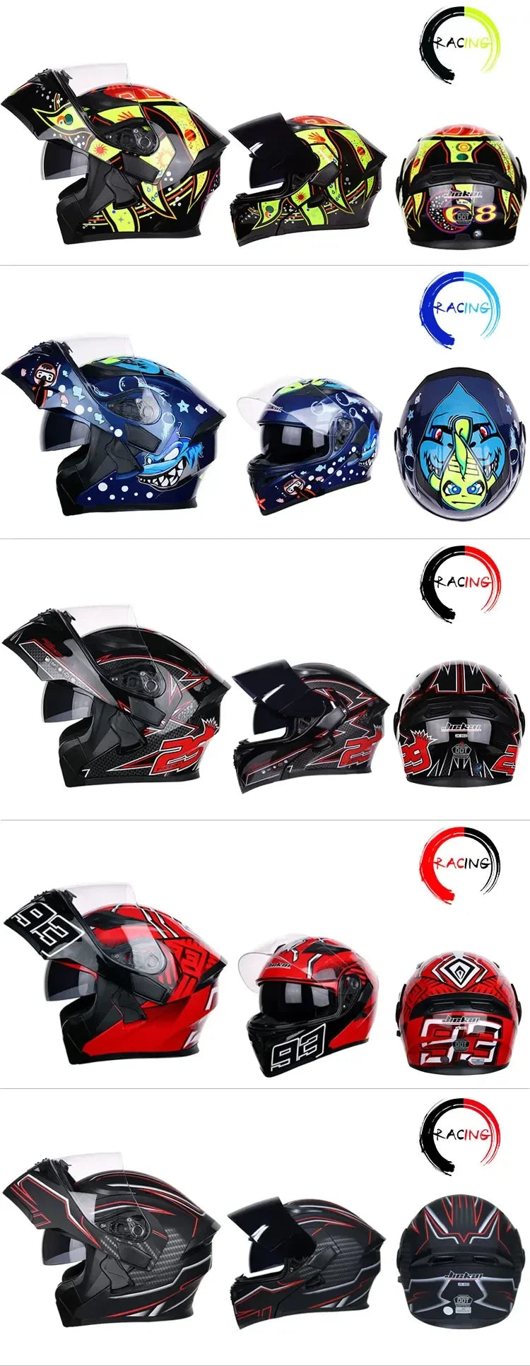 JIEKAI Motorbike Removable Lining Full Face Helmet Motorcycle Flip Up Helmet Racing Summer Winter Dual Lens Visor Motocross DOT Approved