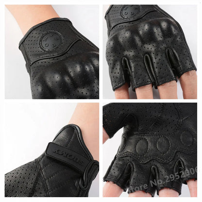 Summer Half Finger Motorcycle Gloves Retro Black Leather Perforated Motorbike Motocross Fingerless Gloves Men Women Riding Glove