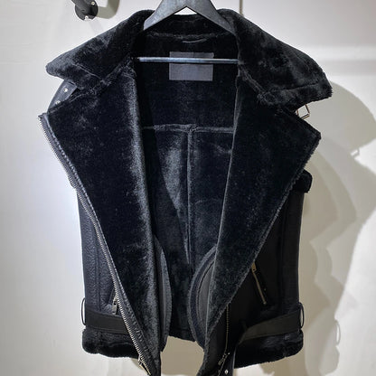 Fitaylor New Autumn Winter Moto Biker Loose Sleeveless Jacket Women Streetwear Lapel Thick Warm Faux Leather Fur Vest with Belt