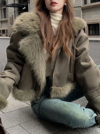 Fitaylor Winter Women Faux Fur Patchwork Suede Leather Jacket High Street Motorcycle Outwear Casual Lapel Thick Warm Coat