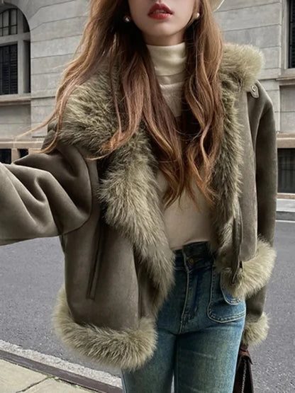 Fitaylor Winter Women Faux Fur Patchwork Suede Leather Jacket High Street Motorcycle Outwear Casual Lapel Thick Warm Coat