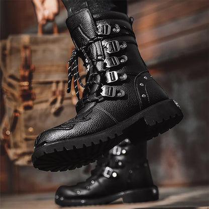 High Top Men Boots Fashion Street Style Motorcycle Boots Frerwork Outdoor Walking Shoes Lace Up Wear-Resisting Platform Shoes