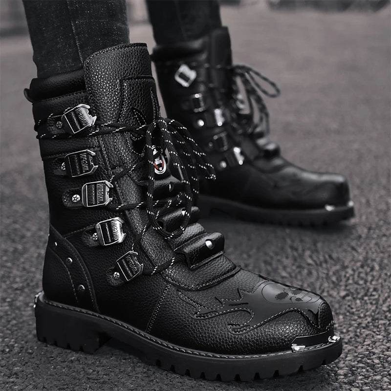 High Top Men Boots Fashion Street Style Motorcycle Boots Frerwork Outdoor Walking Shoes Lace Up Wear-Resisting Platform Shoes