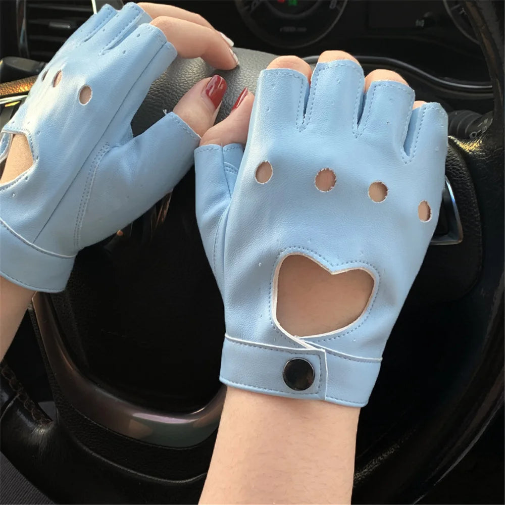 Punk Fashion Women Leather Gloves For Motorcyclist Fingerless Mittens Dance Car Driving Wrist Gloves Thin Motorcycle Accessories