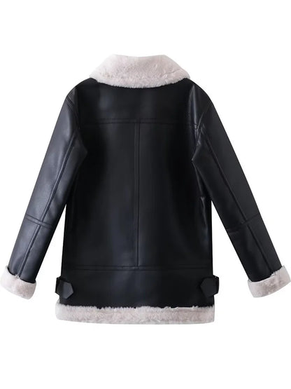 Fitaylor New Autumn Winter Women High Streetwear Thick Warm Faux Leather Lamb Fur Jacket Lady Fashion Casual Moto Biker Pu Coats