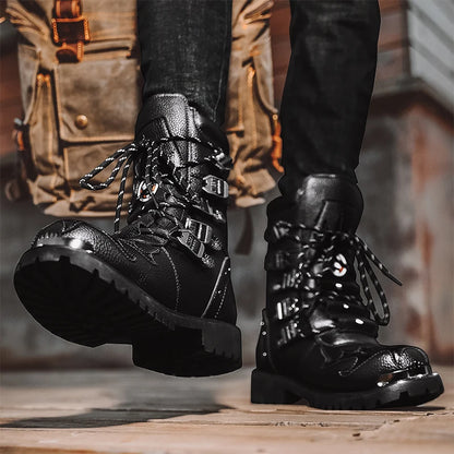 High Top Men Boots Fashion Street Style Motorcycle Boots Frerwork Outdoor Walking Shoes Lace Up Wear-Resisting Platform Shoes