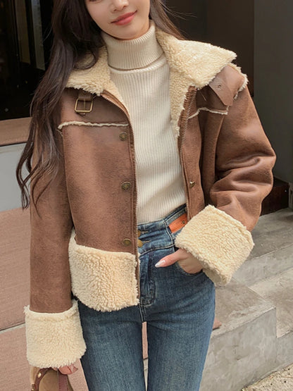 Fitaylor Autumn Winter Women Stand Collar Zipper Lamb Wool Coat Casual Lady Faux Suede Leather Jacket Motorcycle Outwear