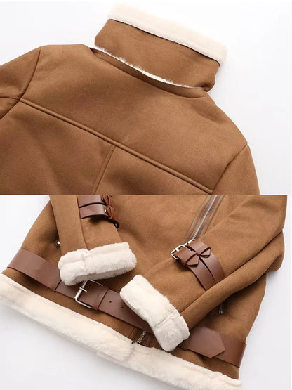 Fitaylor Autumn Winter Women Faux Lamb Wool Leather Jacket Casual Lady Sash Tie Up Snow Outwear Female Loose Motorcycle Coat