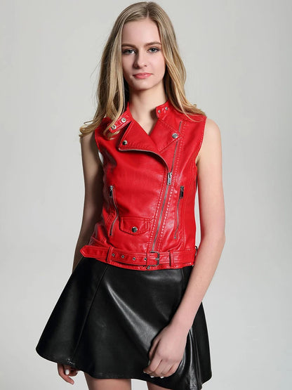 Fitaylor 2022 Spring Faux Red Leather Vest Jacket Women Casual Sleeveless Coat Streetwear Style Sashes Moto Biker Zipper Outwear