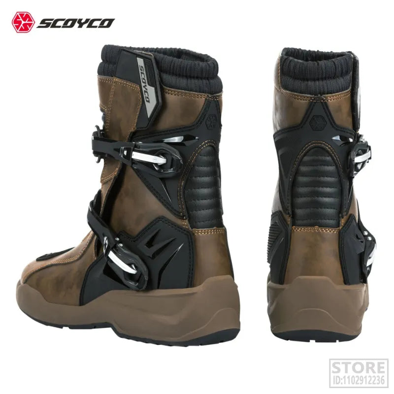 Scoyco Waterproof Leather Brown Motorcycle Boots Men Women Retro Bike Boots Anti-slip Cafe Racer Shoes Riding Protective Gear