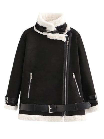 Fitaylor Autumn Winter Women Faux Lamb Wool Leather Jacket Casual Lady Sash Tie Up Snow Outwear Female Loose Motorcycle Coat