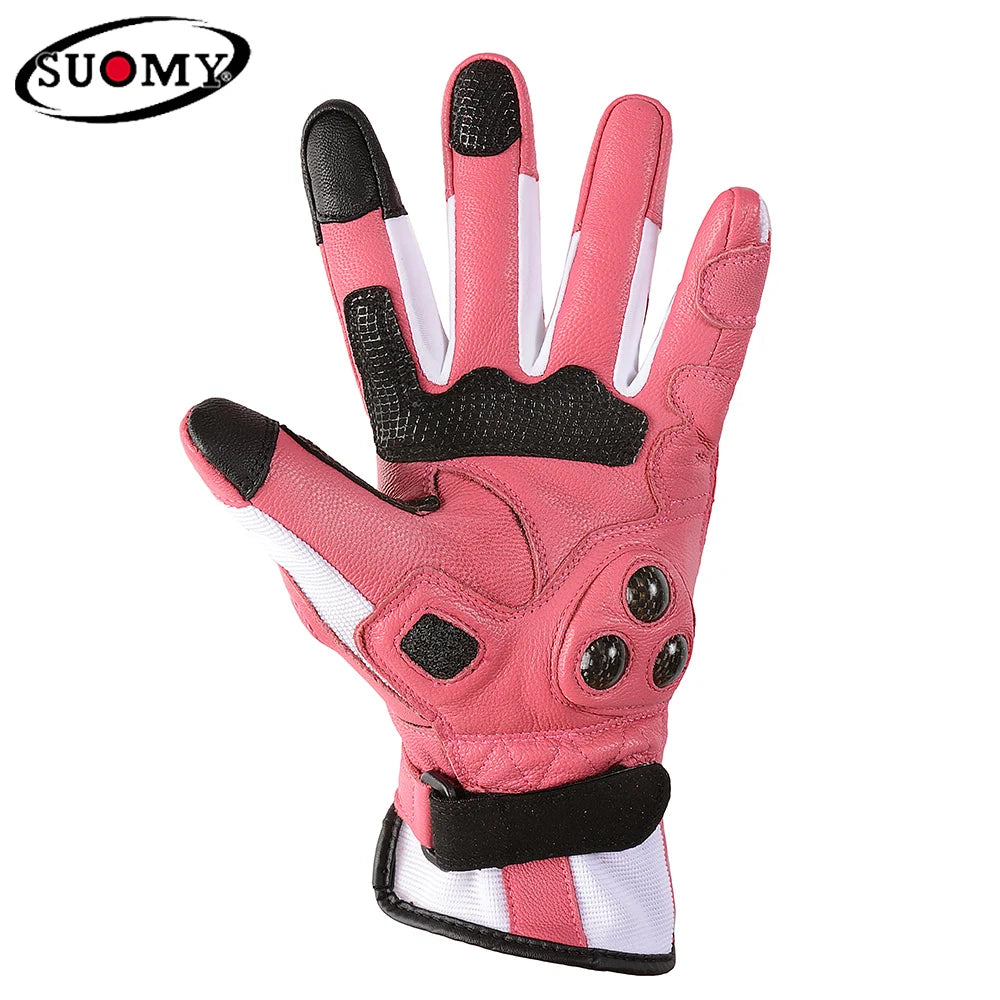 Suomy Summer Biker Glove Women Pink Motorcyclist Gloves Leather  Full Finger Carbon Fiber Protection for Motorcycle Motocross