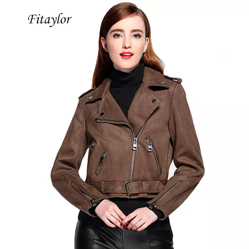 Fitaylor Women Faux Suede Jacket Slim Punk Leather Jacket Woman Bikers Pink Leather Jacket  Moto Jacket Autumn Outwear