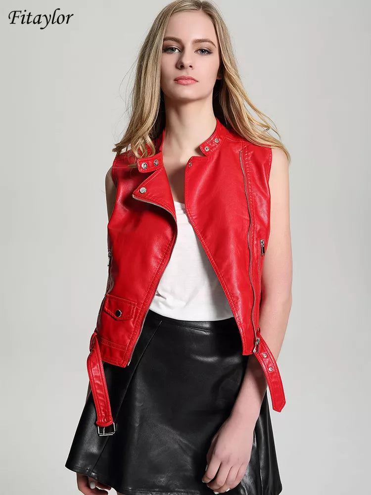 Fitaylor 2022 Spring Faux Red Leather Vest Jacket Women Casual Sleeveless Coat Streetwear Style Sashes Moto Biker Zipper Outwear