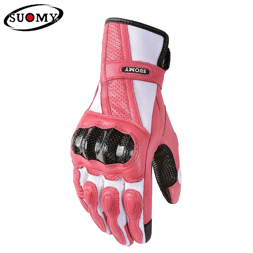 Suomy Summer Biker Glove Women Pink Motorcyclist Gloves Leather  Full Finger Carbon Fiber Protection for Motorcycle Motocross